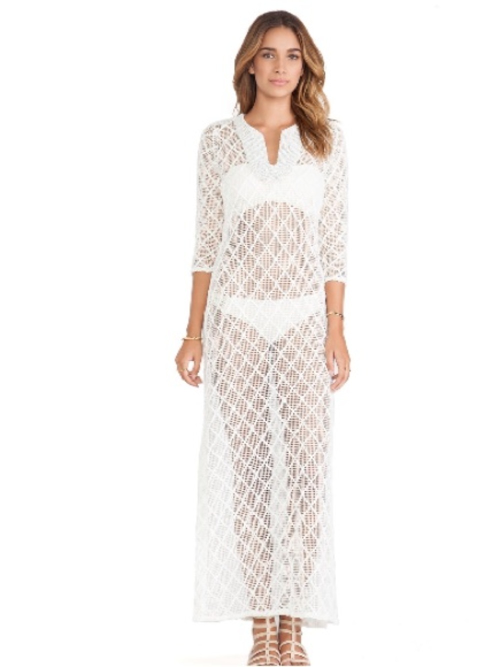 Tbags Los Angeles White Beaded Crochet Long Maxi Dress Coverup Size Medium